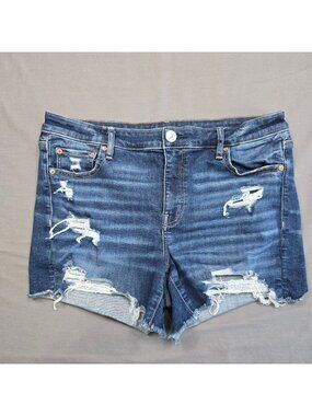 American Eagle Womens Midi Shorts Size 14 Distressed Blue Denim
